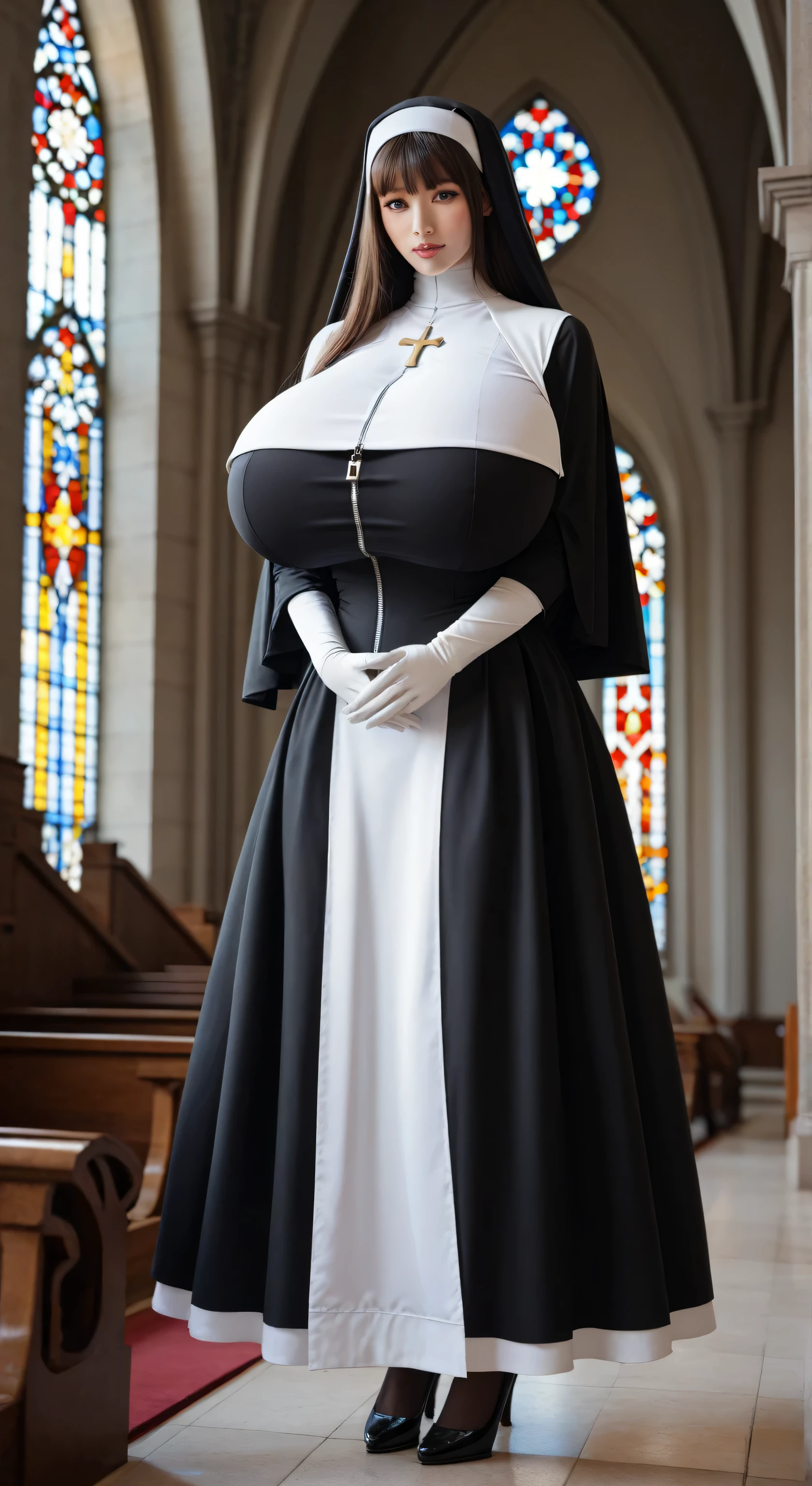 (solo:1.2), (1 praying skinny cute nun:1.3) standing in church, swinging back, (praying with holding hands together over chest:1.2), (tight sheer long black robe:1.6), narrow shoulders, (disproportionately gigantic breasts:1.3), (bursting perky breasts:1.3), (inconceivably narrow waist), too short torso, skinny long legs, closing eyes, nose blush, open mouth, (heavy breathing:1.3), stained glass in distance, full body, 8k, ultra-detailed, masterpiece, beautiful detailed hair, orgasm