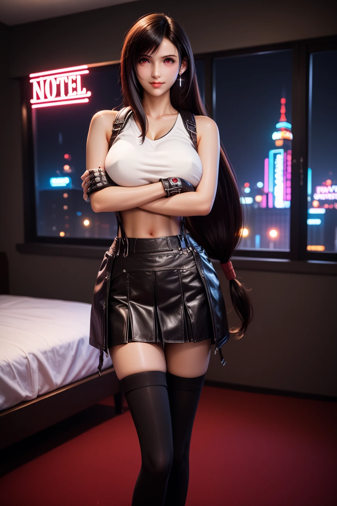  close-up, full length,   17 years arabic school girl , cybernetic parts body, very big hips,very long black and white hair ,backdrop of night club, looking at me,flirt, ultra-high-quality detailing