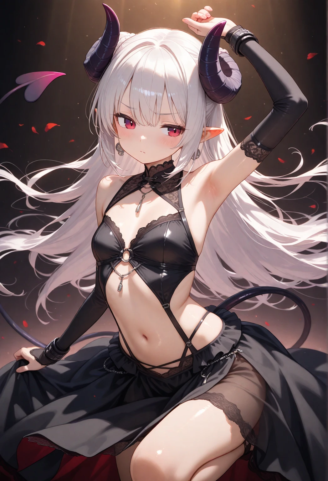 pale skin，dark风，long white hair，black eye shadow，red eyes，temperance，dark，goat horn，Succubus，open legs，Smile，Sticking out tongue，combat damage，ripped clothing，big ass，playful
，puppy，Transparent underwear，camel toe，sitting，Rear view，hot pants，ass close up