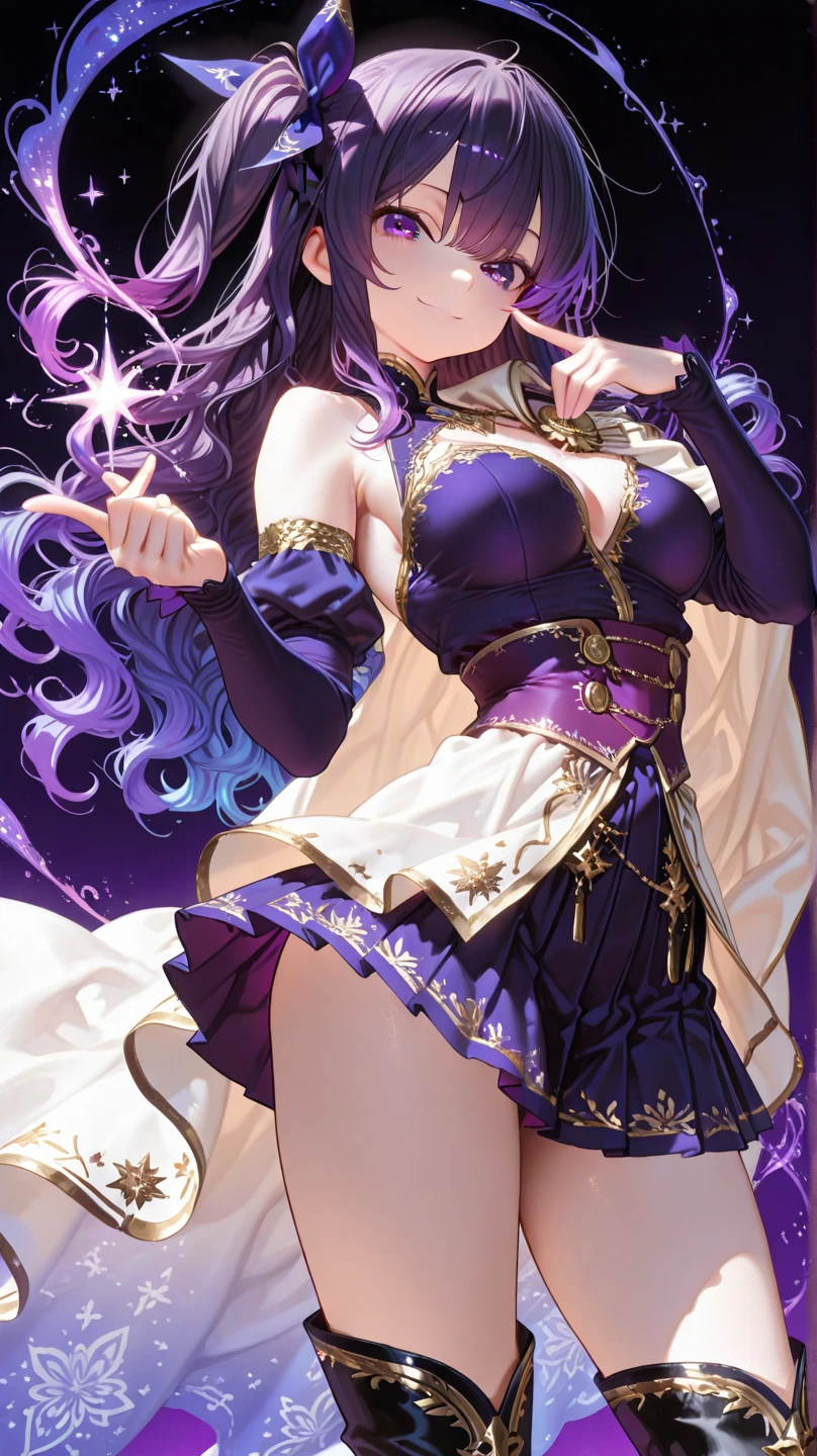 A girl with purple hair,purple eyes,long hair and very pretty