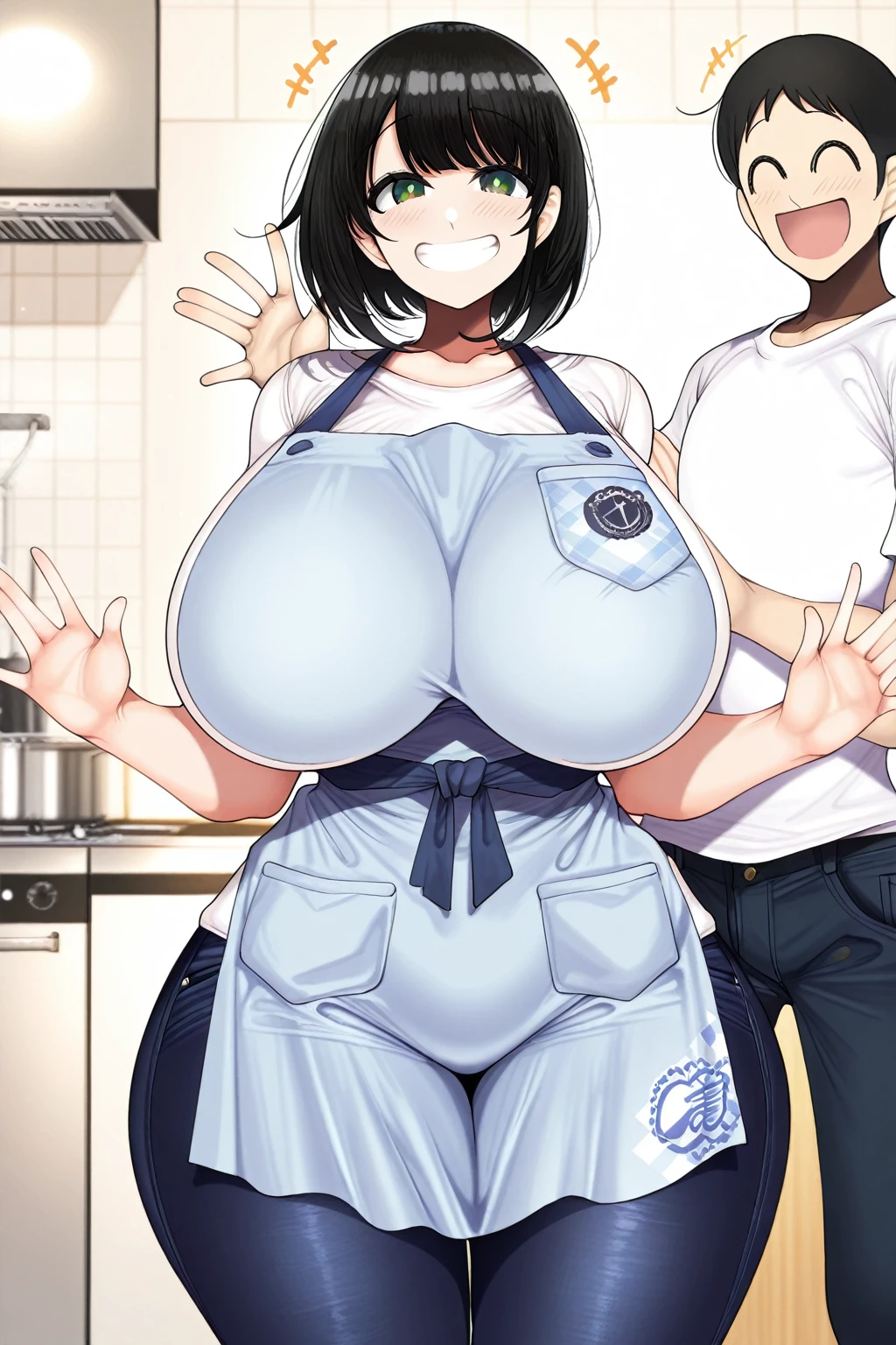 2girls,naked apron,showing ass,smile,big breast,kitchen,showing whole face