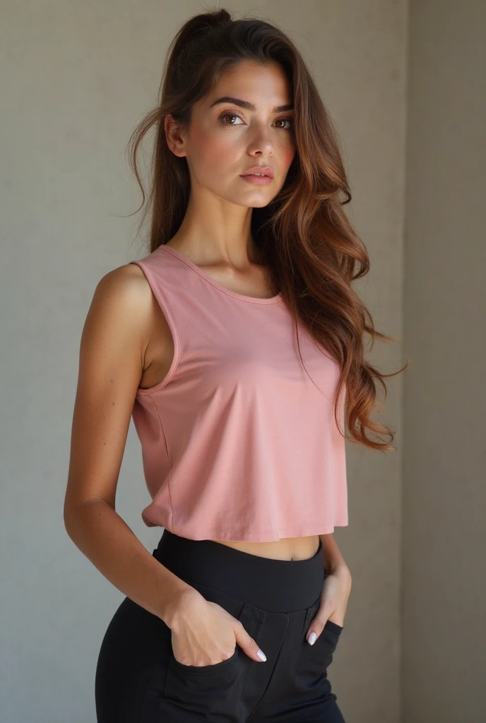 A woman standing on a bench wearing a brown top and pink pants, 7 0 s vibe, pink pants, manga larga cropped, 7 0 s estilo, usando um top cropped, ocre detalhes, usando um top cropped, usando um top cropped sexy, vestindo um pescador 🧥, vestindo croptop branco, roupa intrigante, Tons terrosos, Cores terrosas, marrom e dourado