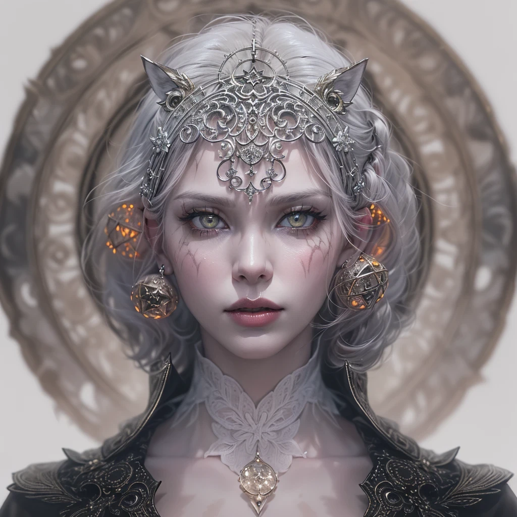 In a different world where mandala murals spread、A beautiful woman in Japanese clothes appeared。She is dressed in pure white.、Beautiful contrast between clear white skin and black hair、It was like a swan。 however、As if to overshadow its beauty、There was a skull element on part of her face。On her right cheek、It is carved with a pattern like the eyes and nose of the skull.、It's an eerie atmosphere。 She showed her profile、His eyes seemed to look far away.。In its expression、Melancholy and sadness ooze.、It made me feel the inner world of her strong will。 In the background、There are geometric patterns like mandala paintings and Buddhist symbols.、A mysterious space spreads out。 This art is、Beauty and creepiness、And it expresses a mysterious worldview that fuses mystique..。Open the door to an untouchable otherworld、You will be able to feel the mystery of the world。Strong elements of aging science fiction。Colorful and horror。profile。Detailed and meticulously drawn。3D Art。android。
