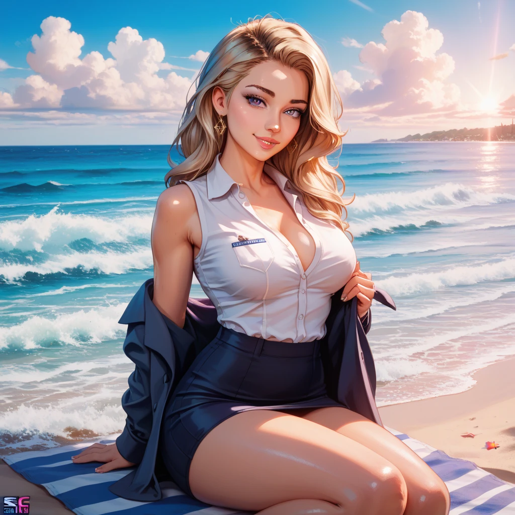 ((high-definition images, masterpiece, atmospheric perspective, 8k, super detail, accurate, best quality, single shot)), ((a westerner cute women with masturbation)), (casual dress), jacket, unbuttoned shirt, (swollen areoles), (round face, eyes realistic sizing, drooping eyes, blush, smile), (((standing and spread legs, focus on pubic hair))), (port town in Europe, beach, sky, in front of the café by the sea, many people pass), blond braid hair, tiny earrings, thin necklace, (light makeup),