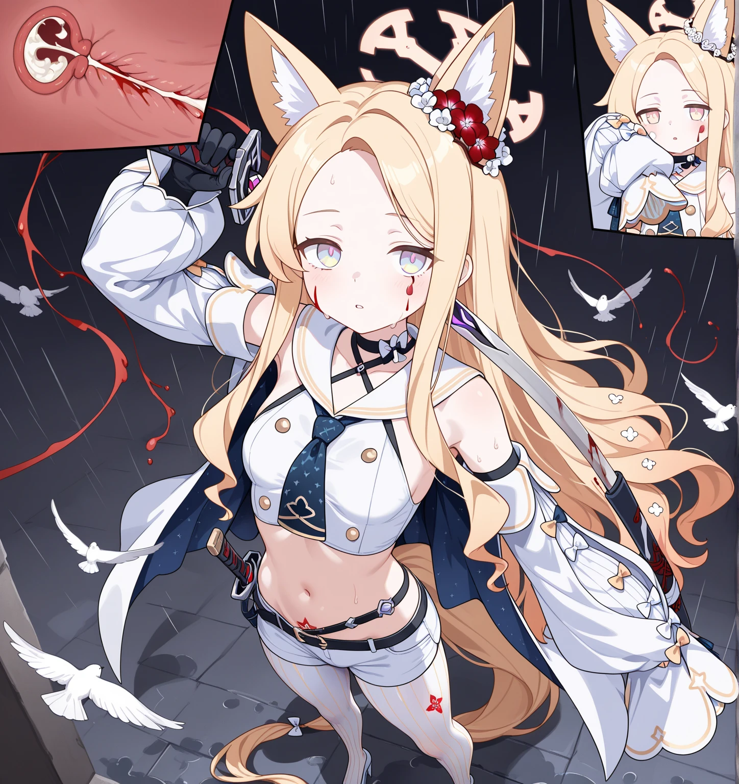 <lora:nine-tailed_fox:0.7>, masterpiece, best quality, highres, 1girl, solo, ninetailed, fox girl, fox ears, fox tail, multiple tails, blonde hair, red eyes, large breasts, facial mark, navel, sidelock, (anime coloring:1.2), upper body, japanese clothes, kimono, smoke, smoking pipe, holding smoking pipe, portrait, short hair with long locks, open mouth, from side, (simple background, gray background:1.1)