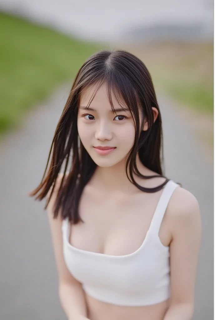 Enhanced dynamic perspective，cute cute 15 year old beautiful girl，((school uniform, short sleeve shirt))、short pleated skirt、look at me and smile， background，works of masters，high quality，4K resolution，Ultra-fine，detailed pubic hair，correct，cinematic lighting，Gap that maintains the original proportions of the face)), ((cleavage))