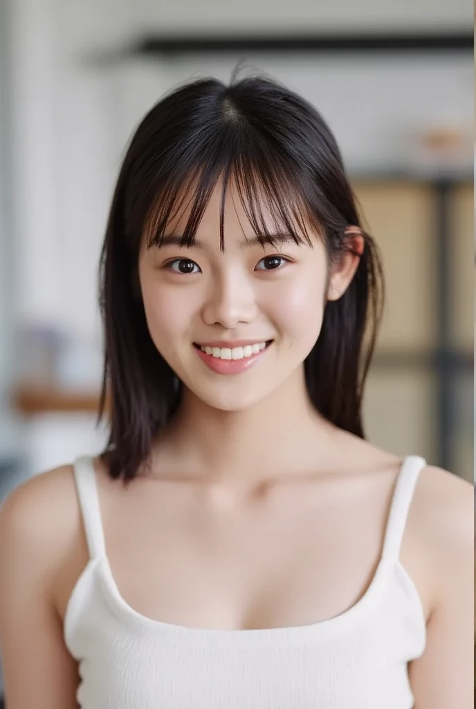 masterpiece,best quality,(Japanese ),((Beautiful girl)),cleavage,(perfect body beauty:1.2),(shy smile),beautiful teeth,(Blurred background of brick buildings),