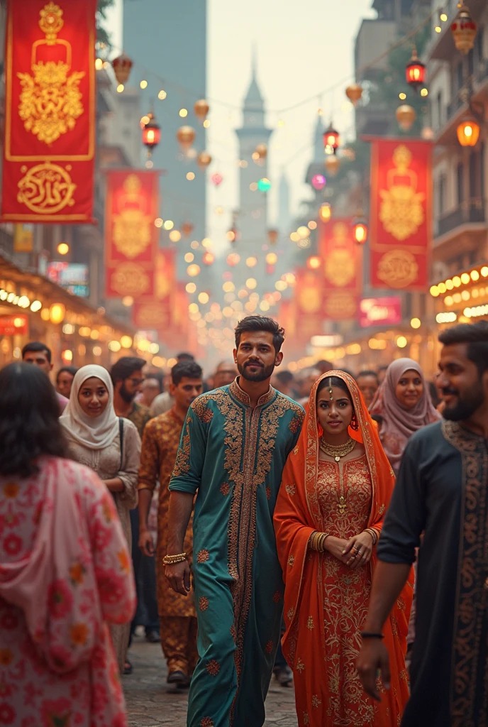 A man wearing pajama and kurta and his wife wearing hijab going to market 