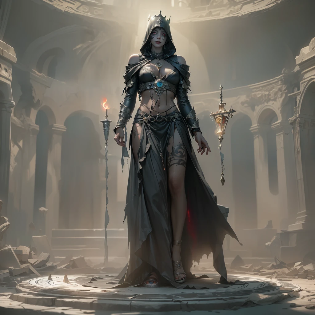 Lilith ON KNEES inside a church, fire, lightning, blood, whole body, in the style of Diablo 4,