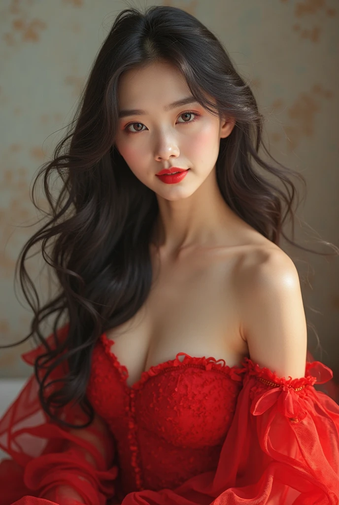 masterpiece, Best Quality, Illustration, Ultra-detailed, finely detail, hight resolution, 8K Wallpaper, Perfect dynamic composition, Beautiful detailed eyes, Natural Lips, sexy Red dress , Big breasts, cleavage, photo realistic,