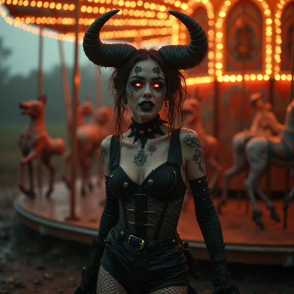 a young woman with dark hair and red eyes, wearing a black gas mask with two horns on her head. She is standing on a street at night, with buildings and neon lights in the background. The woman is holding a gun in her right hand and has tattoos on her arms and chest. She appears to be ready for battle. The overall mood is dark and ominous., 1girl, solo, long hair, breasts, looking at viewer, black hair, cleavage, jewelry, bare shoulders, medium breasts, underwear, collarbone, upper body, yellow eyes, ponytail, weapon, outdoors, horns, sleeveless, solo focus, necklace, blurry, bra, collar, gun, tattoo, blurry background, mask, depth of field, glowing, demon horns, black bra, lace trim, glowing eyes, rifle, lace, spikes, zipper, pendant, mouth mask, arm tattoo, tinted eyewear, lace-trimmed bra, strap, weapon on back, gas mask, neon lights