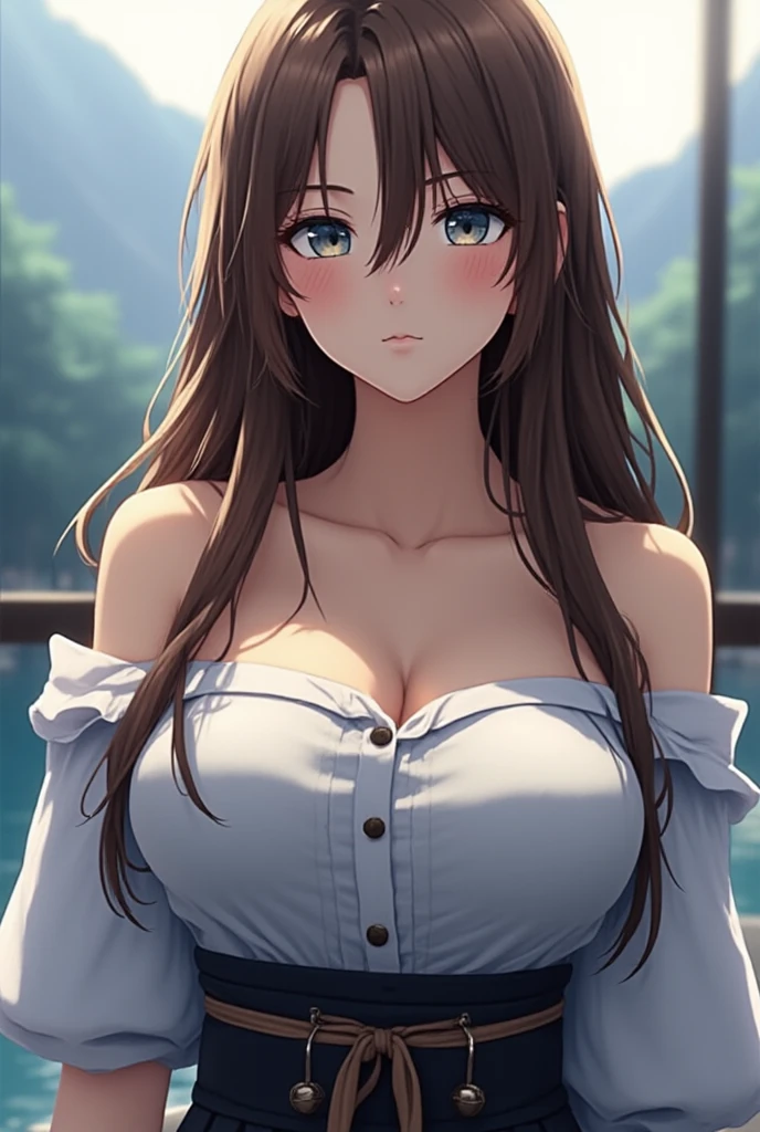 ((masterpiece, best quality, highres, UHD, perfect pixel, depth of field, 4k, RTX, HDR))), 1girl, single, solo, beautiful anime girl, beautiful artstyle, anime character, ((very long hair, bangs, brown hair, curly hair:1.2)), ((Light blue eyes:1.4, rounded eyes,Shining eyes Beautiful eyelashes, realistic eyes)), ((detailed face, blushing:1.2)), ((smooth texture:0.75, realistic texture:0.65, photorealistic:1.1, anime CG style)), medium breasts, dynamic angle, perfect body, ((POV, dynamic pose, portrait)), (( white Tshirt:1.2, black skirt, plaid skirt、puffy nipples)), smile, open mouth, Lunar Surface:1.6、(Off the shoulder:1.3)、Glowing Skin、midriff peek、pink Lip、View your viewers