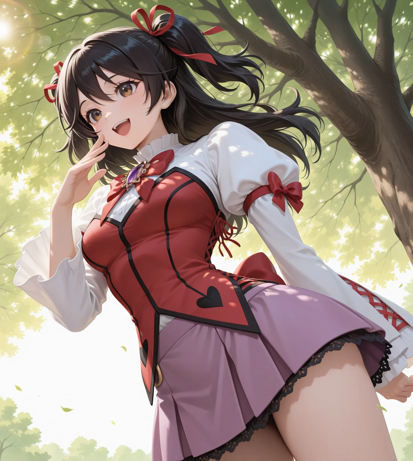 best quality, ultra-detailed, (1girl, solo, black hair,long hair, (puffy short sleeves:1.1), v neckline, cleavage, (plain satin dress:1.1), shiny satin dress,, short dress, pink latex dress, (petticoat:1.2) , elbow gloves, the skirt is very full , thighhighs, <lyco:heart_brooch_on_chest-v1:1>,heartbroochonchest, ,brooch, bow on chest, standing, smile, ), on top of a mountain
