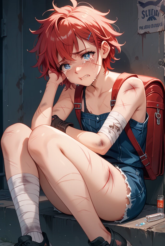 score_9, score_8_up, score_7_up, score_6_up, score_5_up, score_4_up, rating_questionable, pale petite young sex slave with short chin-length hair, post-apocalyptic, wearing a slave collar and shackles, (((wearing a crop top and torn short skirt))), center of a post-apocalyptic town square, embarrassed and humiliated, (scared:0.5), standing leaning against a wall, exhausted, eyebags, (upper body portrait shot:0.9), masterpiece digital art, realistic, <lora:add-detail-xl:0.8>, <lora:13_emb:0.4>, detailed cute pretty face