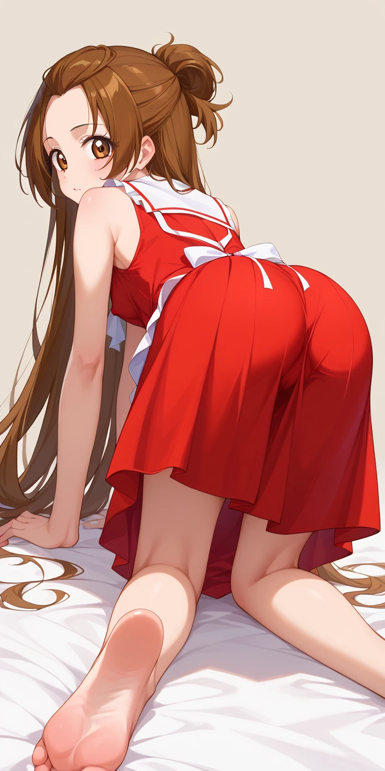girl in red dress, big red bow on the back of head, long brown hair, black eyes, reimu, touhou, ????, farting