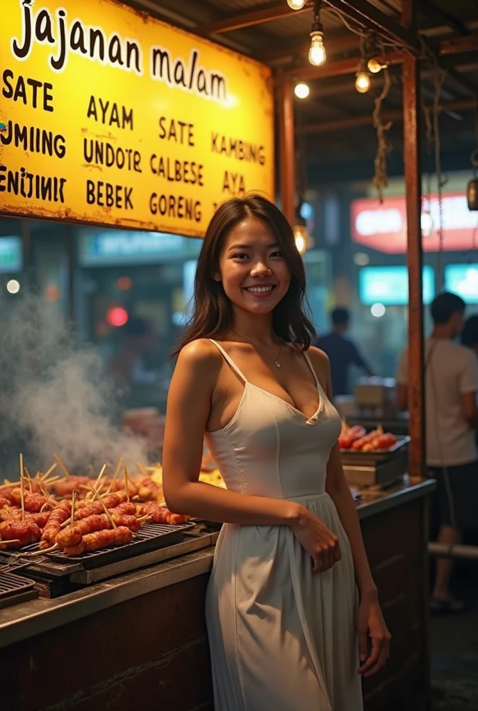 Create an image; a beautiful Thai-English girl: long blonde hair: wearing a red lace tank top: standing and buying grilled squid, flea market, shop, night, holding squid in one hand,