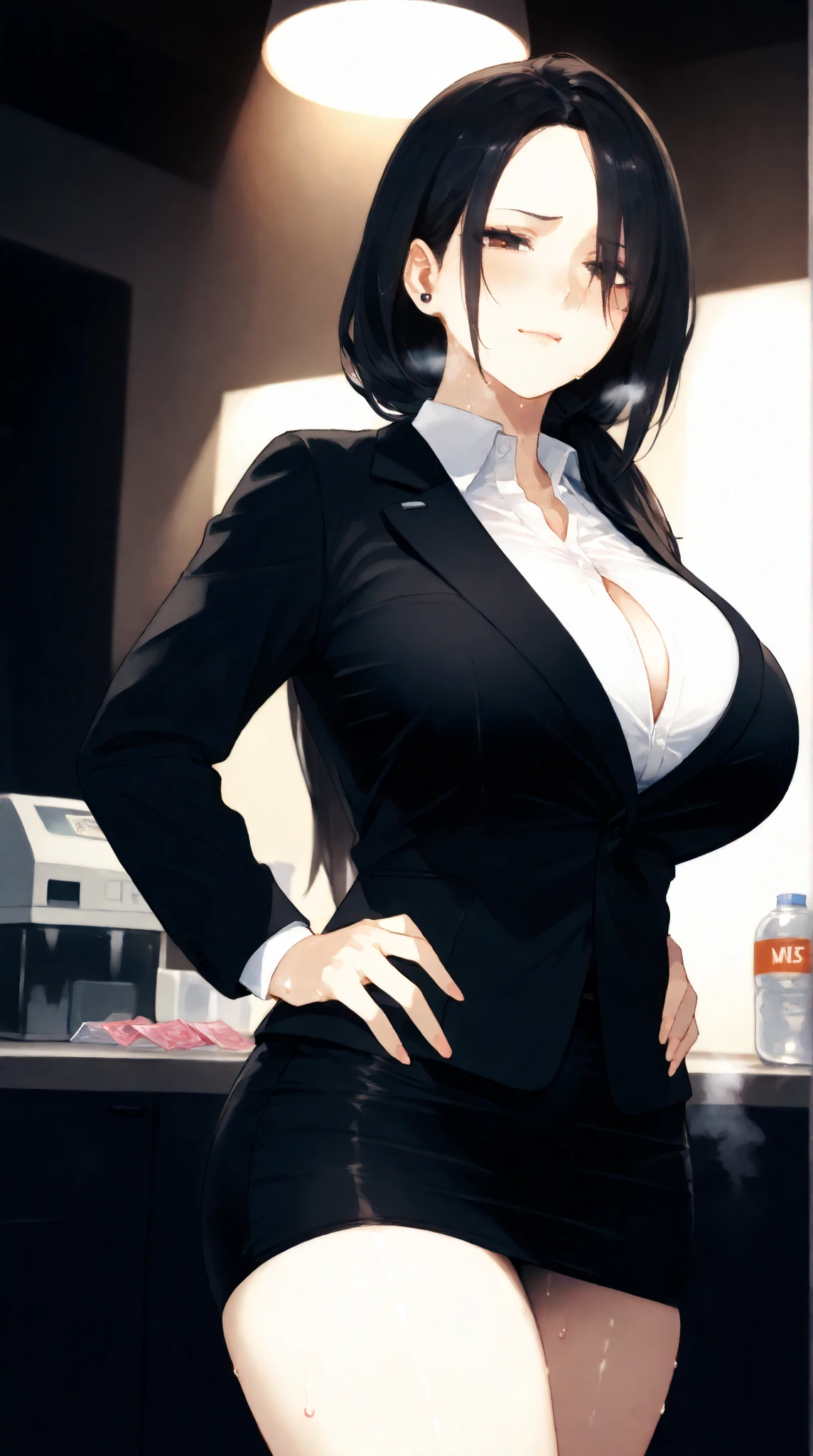 1 girl, 23 years old, long black hair, handsome face, sleeveless business suit, red tie,show cleavage, long black pants, black leather gloves,boxing stance, punching,high quality, masterpiece