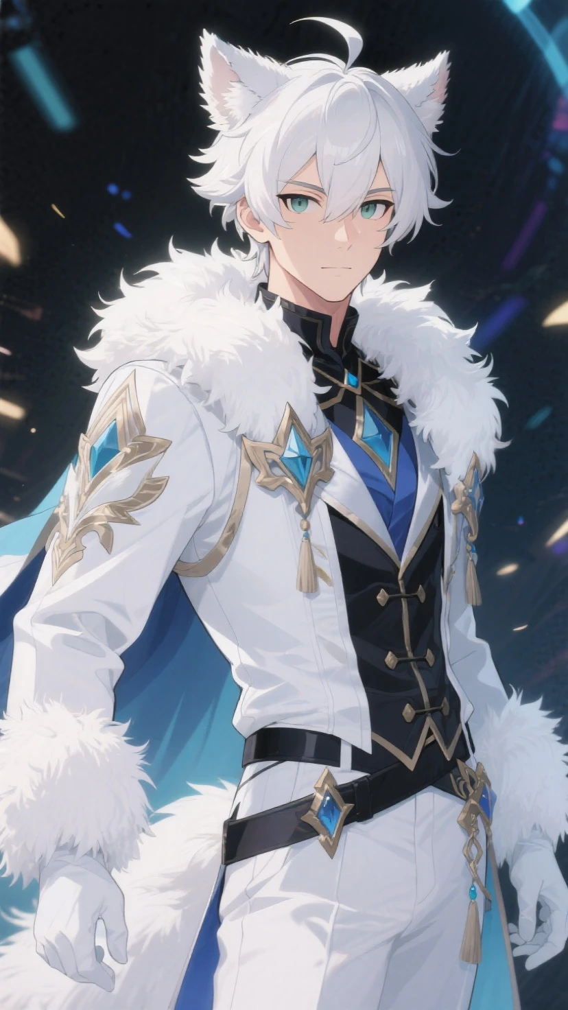 masterpiece,Best Quality,Sunday_(Honkai:_star_Lane), negro_shirt, side locks, white_Alas, smile, looking_in_viewer, gloves, closed_boca, Alone, thousand_above, shirt, head_Alas, long_sleeves, jewelry, white_gloves, jacket, eyelashes, simple_bottom, halo, Alas, white_bottom, feinhered_Alas, 1 chico, aboveper_body, male_infocar, pindiintes, star night bottom