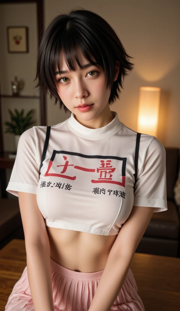 masterpiece, Highest quality, 1 person,(  Are standing, View your viewers),Detailed Background、A person who writes in detail、Accurate human body、Knowledgeable person、Accurate 5 fingers, (woman,large breasts,Curvy body,alone, short hair, black hair ,crop,kunoichi),((pussy juice))、Big Breasts,Female ninja, kunoichi, ninja, shinobi