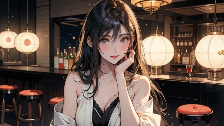 cinematic angle, hand on own face、Cleavage、Close-up of your face、(pale skin: 1.2), shiny skin, shiny hair、(A 25-year-old woman with medium-length hair and bangs) and (wavy hair) and (brown hair) and (orange eyes) , (white) and (off shoulder dress) 、open mouth, smile, The background is the interior of a restaurant at night.、Alone、Are standing