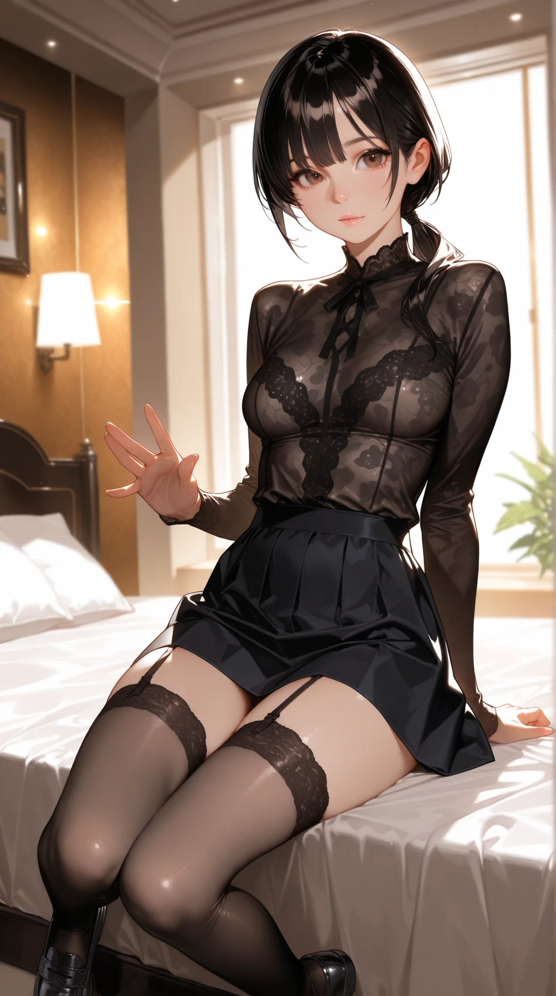 ultra realistic 8k, perfect face, flawless, clean, masterpiece, professional art, famous art, perfect face, gorgeous face, gorgeous eyes, ((perfect female body)), medium breasts, solo, lingerie, blush, excited expression, extremely detailed eyes, thick thighs, cave, ((black hair)), short curly hair, beautifully detailed background, darkness, depth of field, bdsm, skindentation, full body, shirt, pantyhose --auto --s2