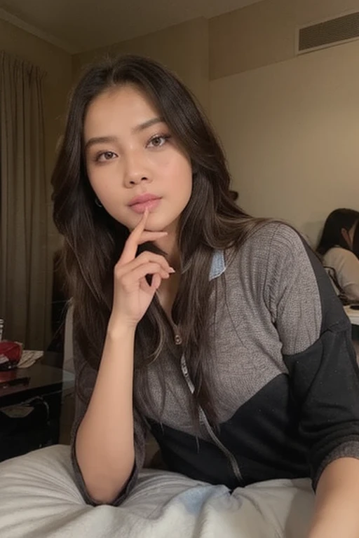 1girl, realistic,natural looking eye and face details, selfies, realistic backgrounds, full lips, lipstick, (makeup), highly realism, details, Asian woman with black hair, hip-length hair, long hair, coreana, asian features, young cute wan asian face, Ulzzang, asian face, a young cute woman, asian, AESPA,wonyoung, wonyoung IVE, black hair, long black hair, blurry background, hoooooyeony, HoYeon Jung, busty famele, girl with bangs, big, serious girl, Lee Su-hyun, , big breast, thin clothing, seductive girl, small eyes, asian eyes, long hair, attractive girl (( pechos grandes )), 18 years, korean, attractive, big, chubby, facing towards the camera , full body covered with clothes wearing Long sleeves black sweater , full sleeve
