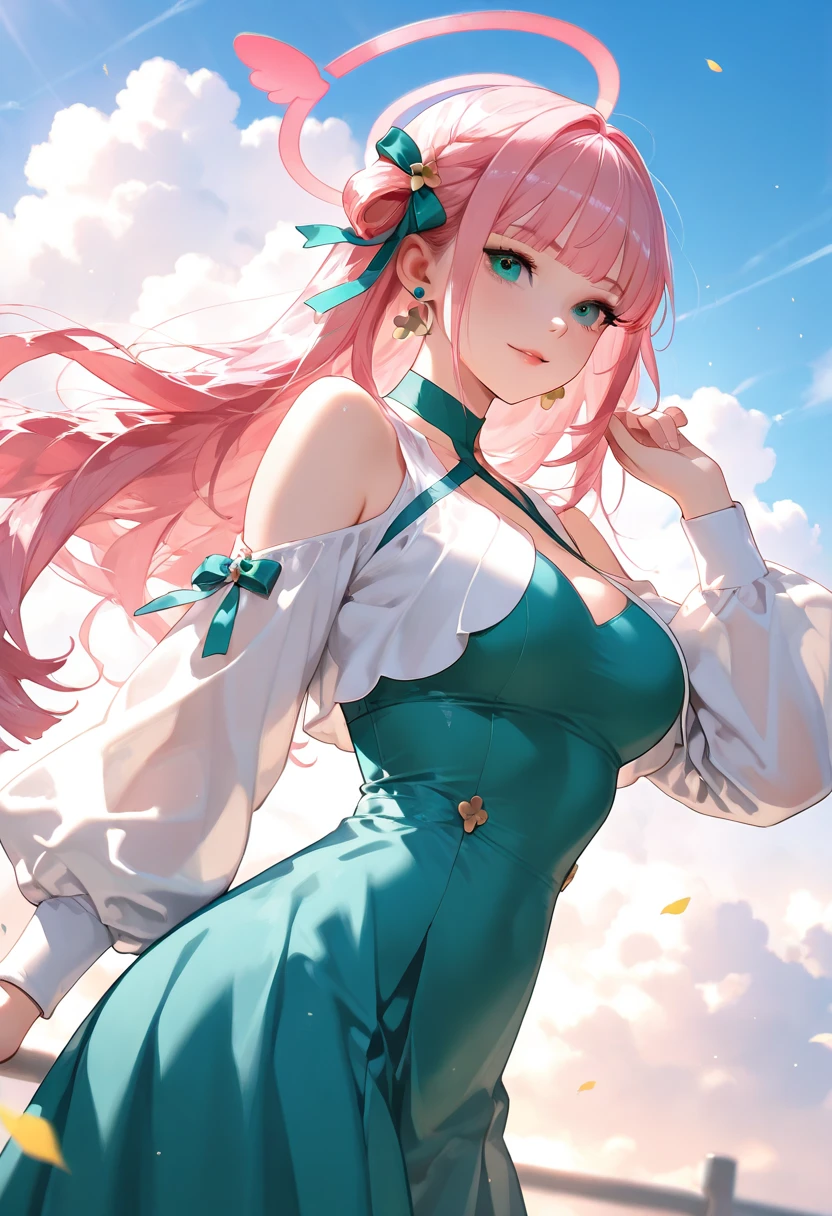 ((1girl))、masterpiece、Demon tails、Yellow-green bristles、(Big Breslayer、(kanroji mitsuri)、Pink Hair、Braided twinasts)、(Plump thighs)、Very short skirt、((Angle from below))、evil grin、The button on the chest is undone、standing with legs apart、Hands on hips、(((Super close-up of the crotch)))、