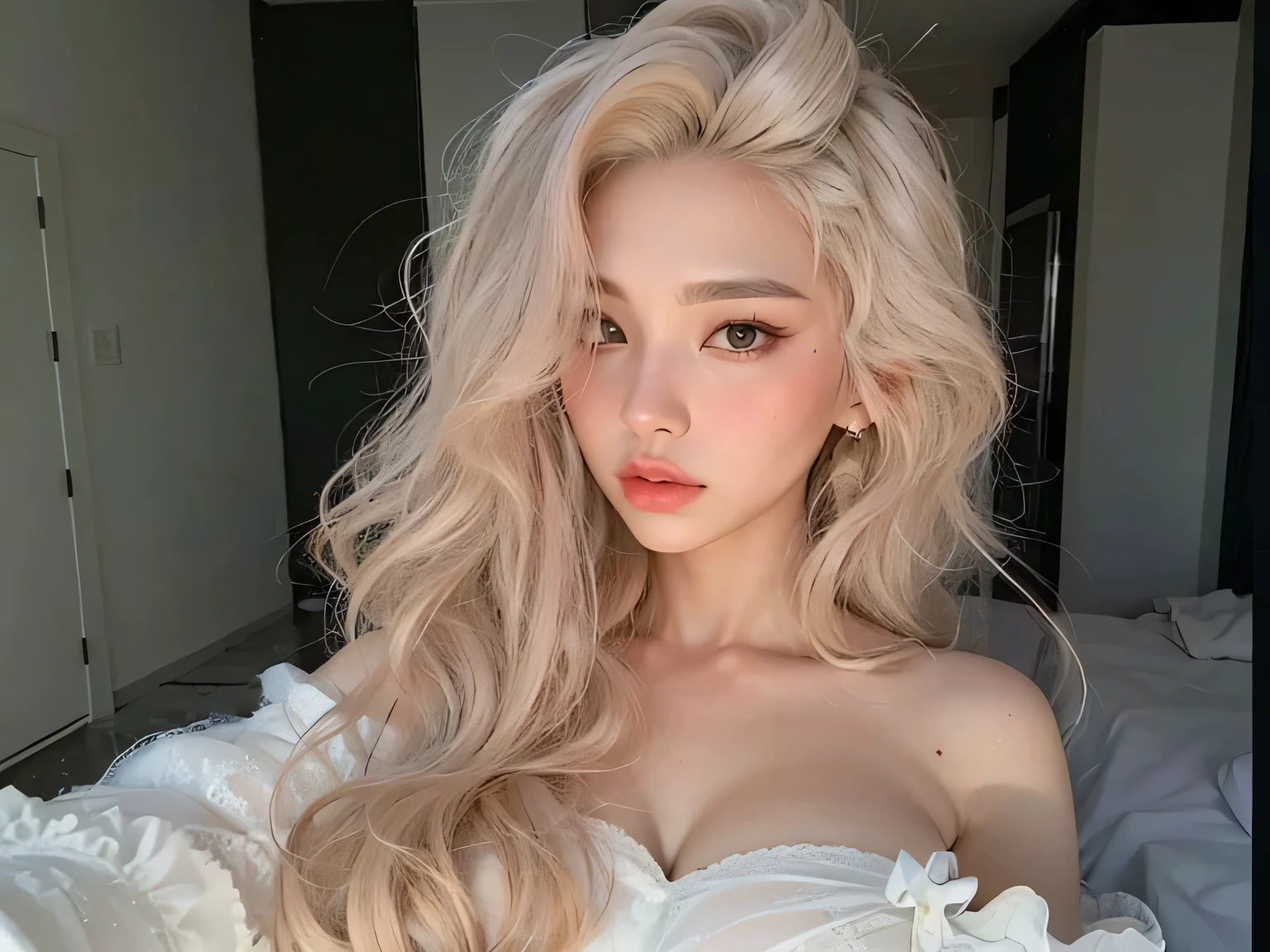 Mulher loira com longos cabelos ondulados usando um vestido branco e colar de ouro, linda mulher coreana jovem, menina coreana, Mulher sul-coreana bonita, mulher coreana jovem bonita, maquiagem sul-coreana popular, pale skin curly blond hair, maquiagem coreana popular, uma menina com cabelo loiro, Beautiful Asian girl, Asian girl, com longos cabelos brancos, Mulher coreana, ava max, Ulzzang, seios grandes, peitos enormes