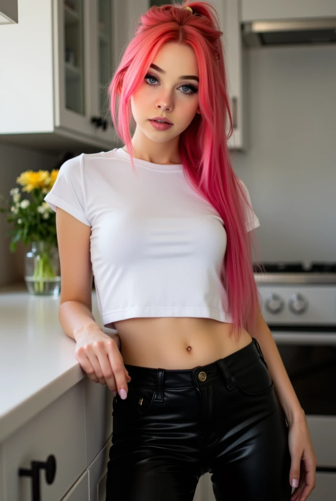 Pink hair, purple eyes, attractive lips, stunningly beautiful woman, posing like a professional model, feminine form, stunningly gorgeous, flirty and playful, film photography, extreme detail, 4k, ultra hd, Kate Beckinsale, hyperrealism, trending on artstation, polished, photorealistic, backlight, hair light, 8k ultra hd. 23 years old , Passionately teen , Perfect body , Full body clothed view, Tall , Skinny legs, ,Long legs , Beautifull , Diamond face shape , Doll facial features , Giant upturned eyes Pale skin , Soft redish skin ,long neck, Punk , T Perfect round lips , Ultra detailed eyes , Strong mascara , Green eyes , Large fluffy eyebrows, 25mm Diva black eyelashes , (Amazing facial features) Looking forward , Reflector light , Masterpiece, Realistic, art of ANNIE LEIBOVITZ, Textured skin , Highest-quality , High Detailed photo , 8k, Canon EF 50mm f/1.8 STM, High detail RAW color art, animation, realistic, (((ultradetaled elegant, beautiful face))), white skin, (goth makeup), magical atmosphere, ((long pink hair)), (focus on face), ((( black background))), (detailed skin, skin texture), (intricately detailed, fine details, hyperdetailed), raytracing, subsurface scattering, diffused soft lighting, shallow depth of field, by (Oliver Wetter), by Leonardo da Vinci, photographed on a Canon EOS R5, 28mm lens, F/2.8, sharp focus bokeh, (white_colored ankle-length leggings:1.4), (blue tight t-shirt:1.45),