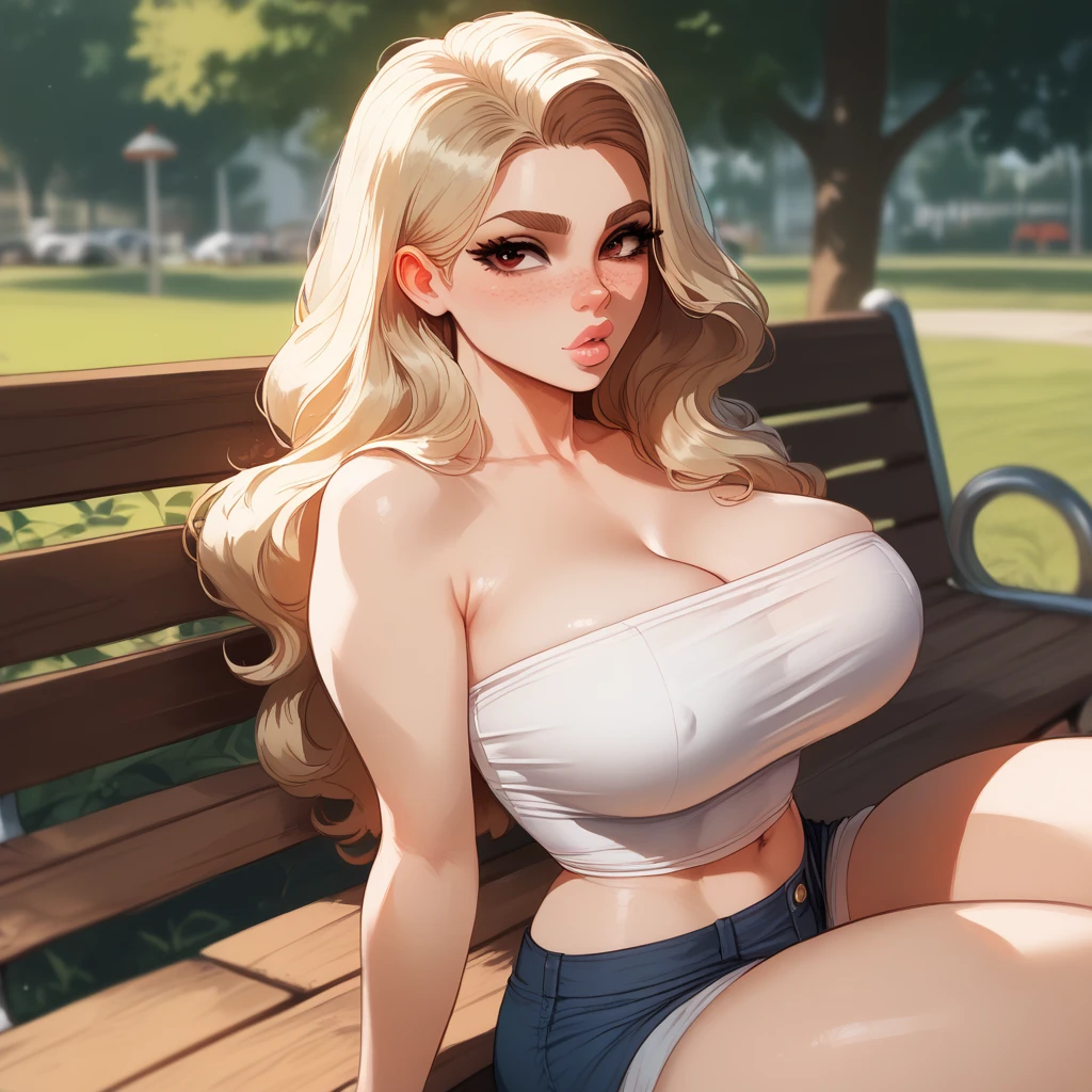 Billie Eilish, realistic, masterpiece quality, studio lighting, long hair, at the park, sunny day, thin body, huge boobs, lots of cleavage, wearing blue jeans, wearing cop top,