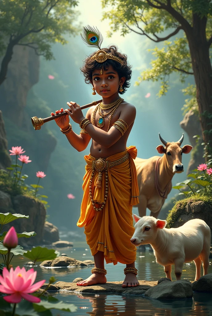 ভগবান শ্রীকৃষ্ণের ছোটবেলা তিনি দই এবং মাখন খেতে অনেক পছন্দ করেন তার মাথায় ময়ূর এর পাক থাকে হাতে একটা বাঁশি উনার আশেপাশে সাদা ছোট গাভী থাকেন