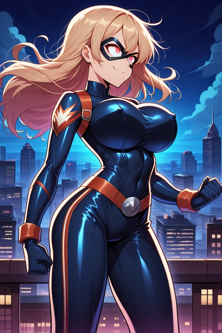 1 girl, big breasts, leotard, bare legs, tight belt, Boots, gloves, city backdrop, Alone, single, hands on hip, standing, energy emitting from your body, full body shot, cowboy shot, superhero, beautiful detailed eyes, force, mature woman, blond hair.