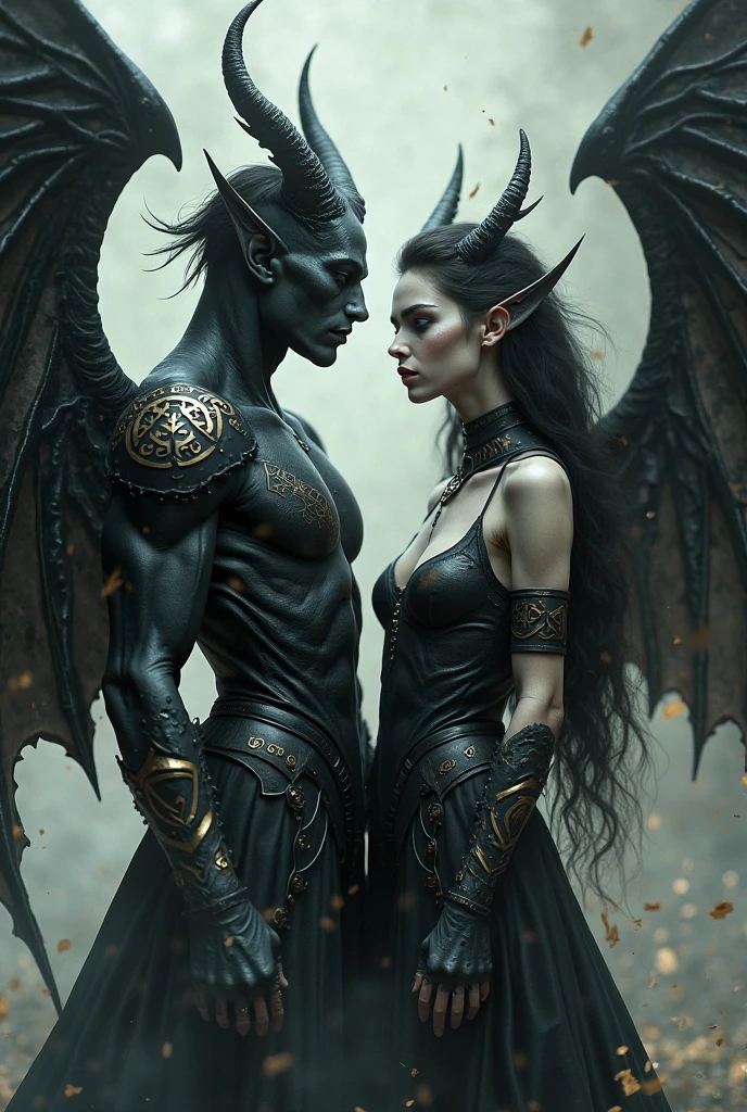 A beautiful white haired woman with black horns and bat wings in the background stands next to an evil demon man, who is wearing all black . The style of dark fantasy art, black dragon scales on his body, glowing eyes, smoke effects, photorealistic techniques, black hair, sharp shadows, fantasy characters. 
