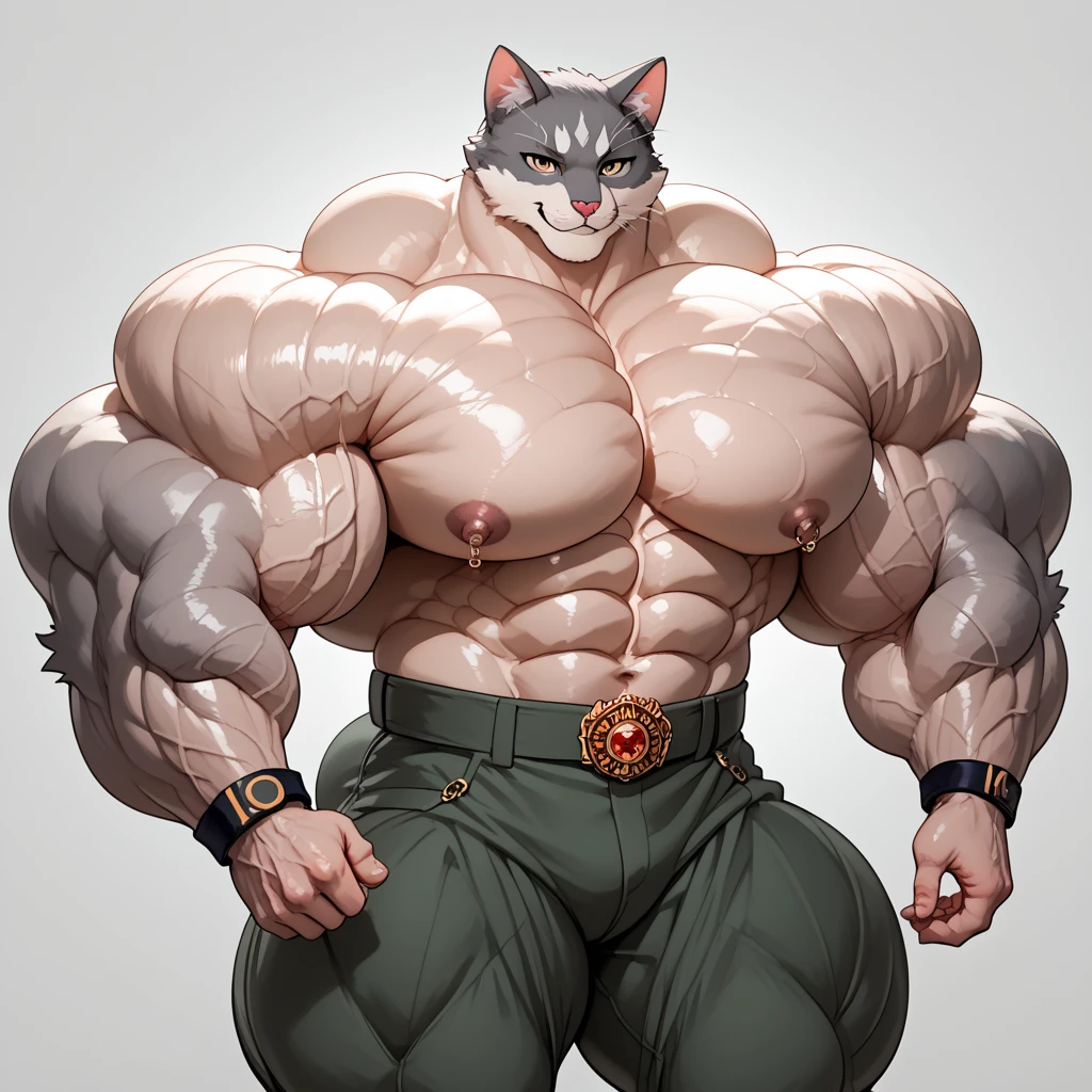 furry growth, big Bulge, smiling, hyper growth, hyper muscles, a cat, blue, cute cat, shirtless, white shorts, muscular, on a gray background lying on the floor