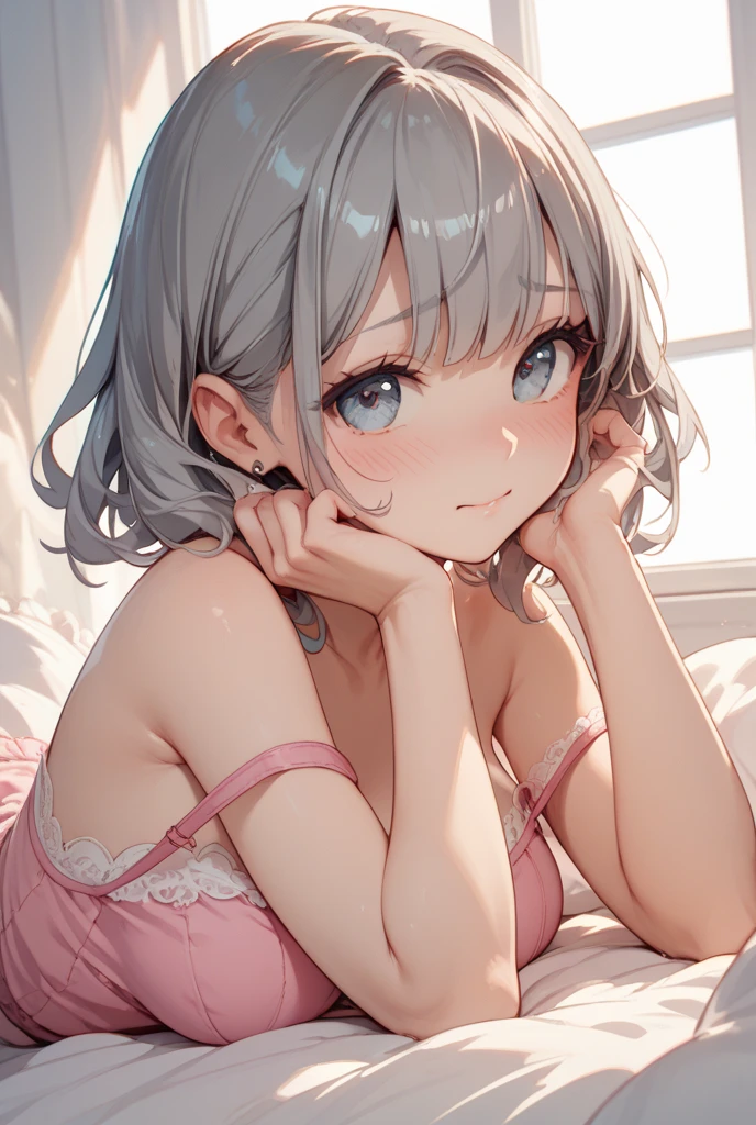 1girl,pale hair,Crevice,Cleavage,pallid,pale colors,pale eyes,masterpiece,best quality,very aesthetic,absurdres,blue eyes,nightgown,apart,(Navy blue panties),(lift),(knees up),