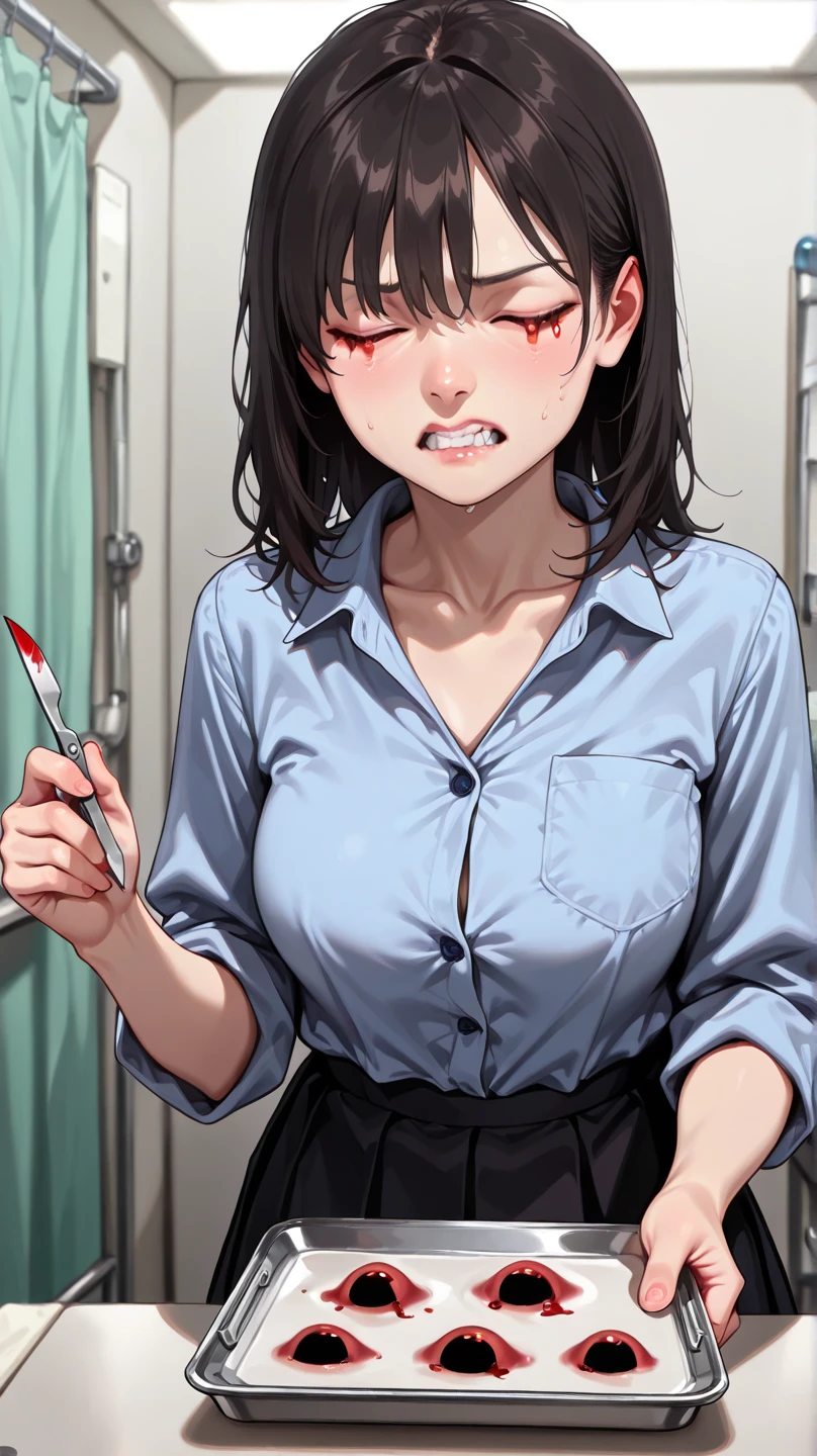 beautiful young blind female student dressed in shirt with rolled sleeves and dark skirt in the surgery room, solo, cute, big breasts, school uniform, ((blue button down shirt)), ((collarbone)), (chest pocket), short dark skirt, masterpiece, best quality, amazing quality, hyper-detailed, realistic, goo leaking from her eyes, bloody tears, hollow eyes, clenched teeth, half closed eyes, holding bloody scalpel in hand, ((two small pale red bloody eyeballs on the tray))