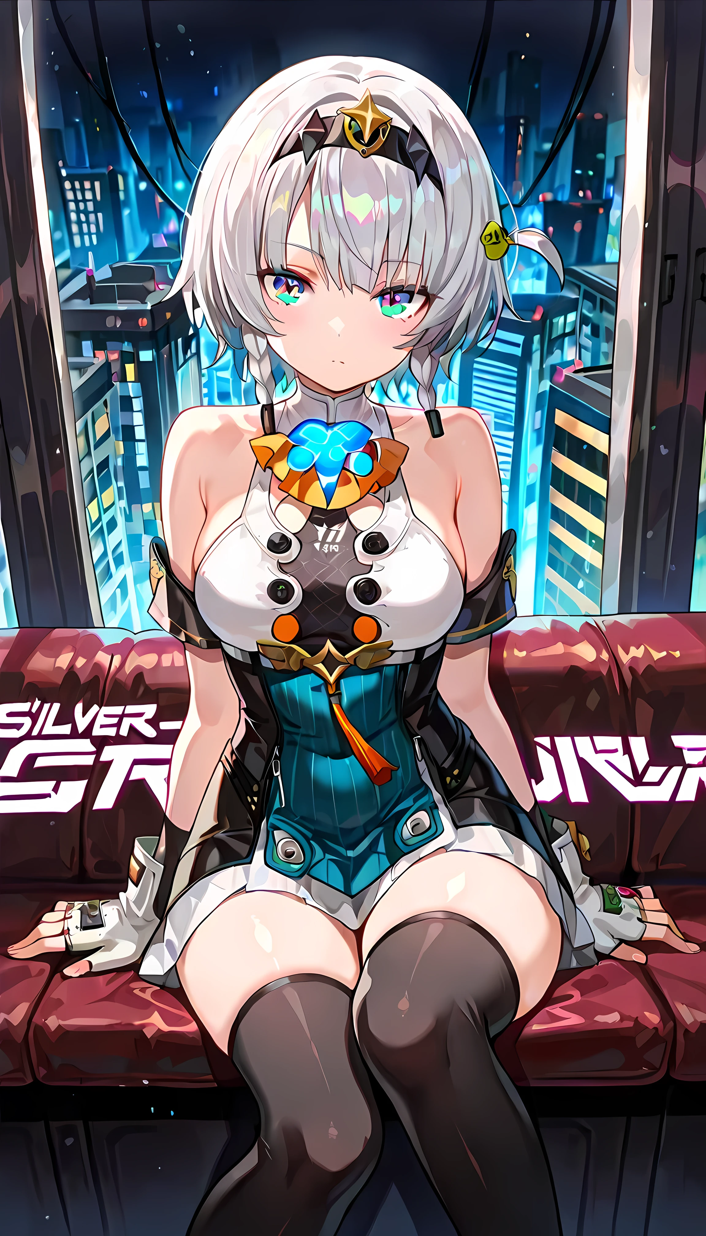 Score_9, Score_8_up, Score_7_up, Score_6_up, Score_5_up, Score_4_up, Source_authentic, Quality_Masterpiece, Hyperdetailed, Top quality, (Complex_Detail:1.1), (Masterpiece), (Top quality),anby demara \(silver soldier\), 1girl,solo, expressionless, looking at viewer, dynamic pose, BREAK clothes: silver soldier black and white short dress, silver soldier clothes, 1girl, (black knee-socks:1.3), fingerless gloves, hairband, silver hair,anby demara \1}, clothes: silver soldier black and white short dress, silver soldier clothes, 1girl, black knee boots, fingerless gloves, hairband, silver hair, BREAK glossy eyes, anime painted, seductive, erotic, glossy skin, thighs, sexy, (Cute Illustration:1. 3), (High Saturation: 1.3), Cute face and eyes, Dynamic lighting, BREAK On a futuristic city shelf, buildings decorated with neon signs in Japanese create a cyberpunk cityscape, pink and blue neon lights illuminate the scene, extremely detailed background description, BREAK masterpiece, top quality, amazing quality, very aesthetic, high resolution, ray tracing, high resolution, 4K, 8k, high quality, top quality, it' s outrageous