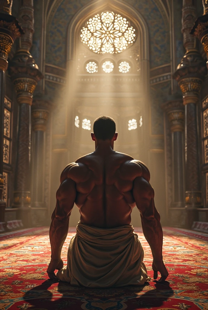 Strong man kneeling。Strong aura of life。Servant。