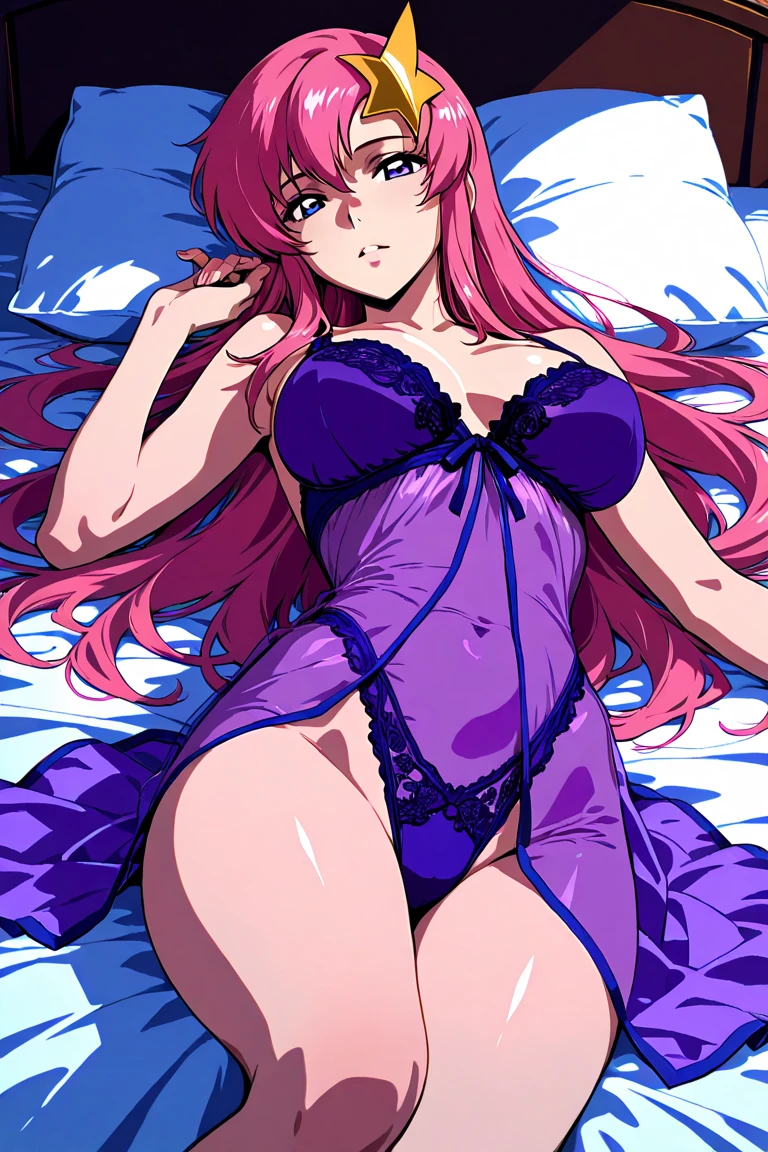 masterpiece, absurdres, sakura\(boruto\), 1girl, solo, mature female, wearing purple gown, perfect composition, detailed lips, big breast, beautiful face, body proportion, blush, (pink lips), long pink hair, hair over shoulder, Green-eyed, soft gaze, super realistic, detailed, photoshoot, realistic face and body, lying on beach, top view, looking at viewer