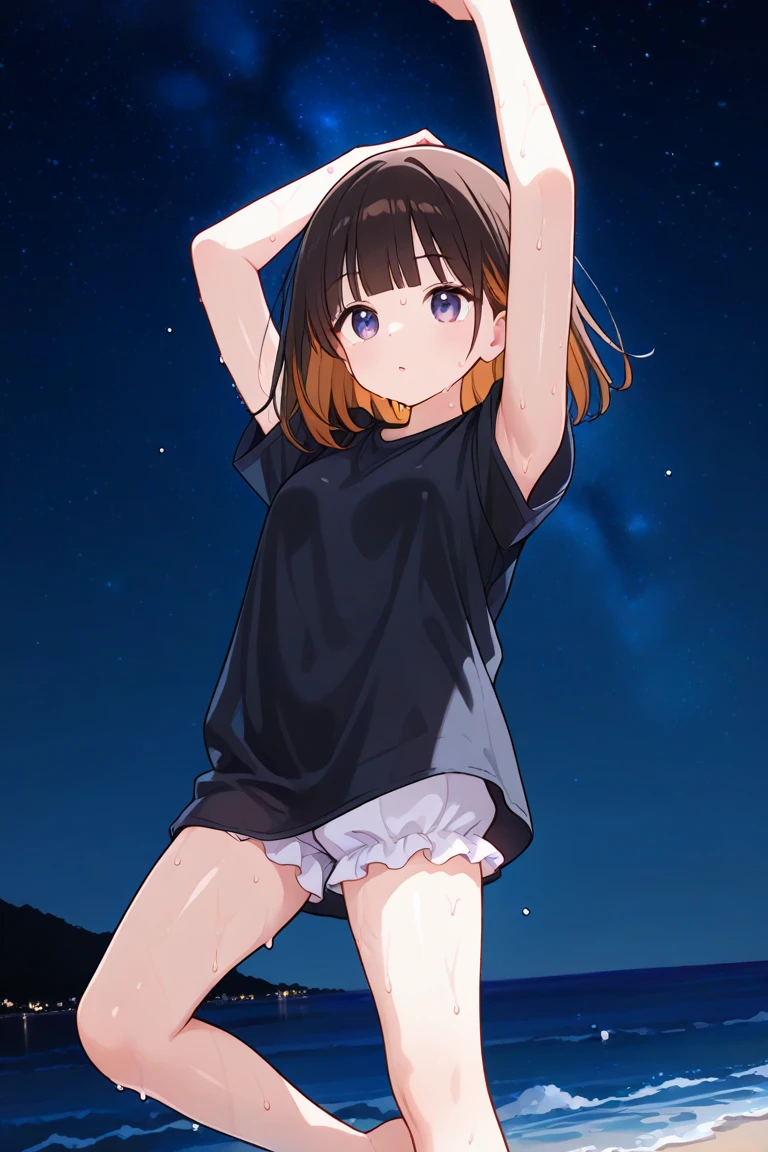 13 years old, black crop top, short skirt, cute panties, thighhighs,