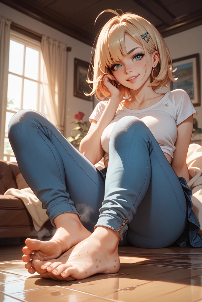 (8k), (best quality), (masterpiece:1.2), (realistic), (photorealistic:1.0), ultra-detailed, 1girls, cute, smile, beautiful detailed eyes, beautiful detailed nose, full body, medium breasts, wearing sweater, white socks, socks texture must be natural, crouch, from below, realistic skin texture, attractive face, short hair, blond hair,