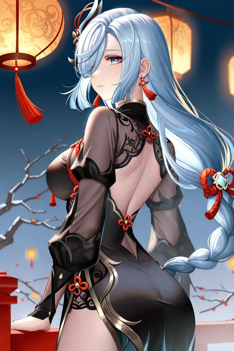 masterpiece, best quality, ultra-detailed, illustration, highres, 1girl, Shenhe, solo, long hair, blue eyes, gray hair, hair over one eye, hair ornament, large breasts, braid, very long hair, looking at viewer, back view, tassel, braided ponytail, gloves, black bodysuit, (breast curtain:1.4), clothing cutout, black gloves, jewelry, earrings, shoulder cutout, covered navel, navel, blush, thighs, bare shoulders, china background, liyue, temple, mountains, Lantern Festival, vertical lightining, <lora:Shenhe:1>