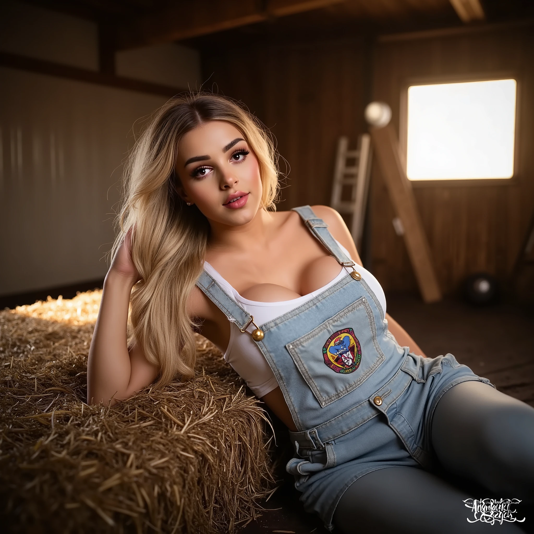(Best quality, hyperrealistic, 8k, 32k, Masterpiece, UHD:1.2), full-body shot of a woman with long, flowing hair, deep eyes, and glowing skin, reclining on a bale of hay in a rustic barn. She has a perfect smile. She wears a pair of worn denim overalls and a white tank top, with one strap slipping off her shoulder. The soft light of the setting sun filters through the barn windows, casting a warm glow on her skin.