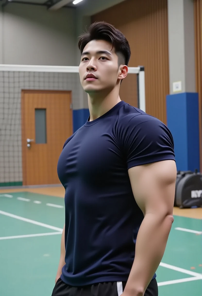 Asian male model, big muscles, Full chest muscles,Sexy and charming expression,blue eyes,Handsome, cool, Hair combed smoothly, piercing ears, Wear a loose-fitting vest,sports Shorts,Big bag highlights, image, modeling, dynamic poses, Tsinghua University, On the sports ground,There are many students playing sports in the sports field