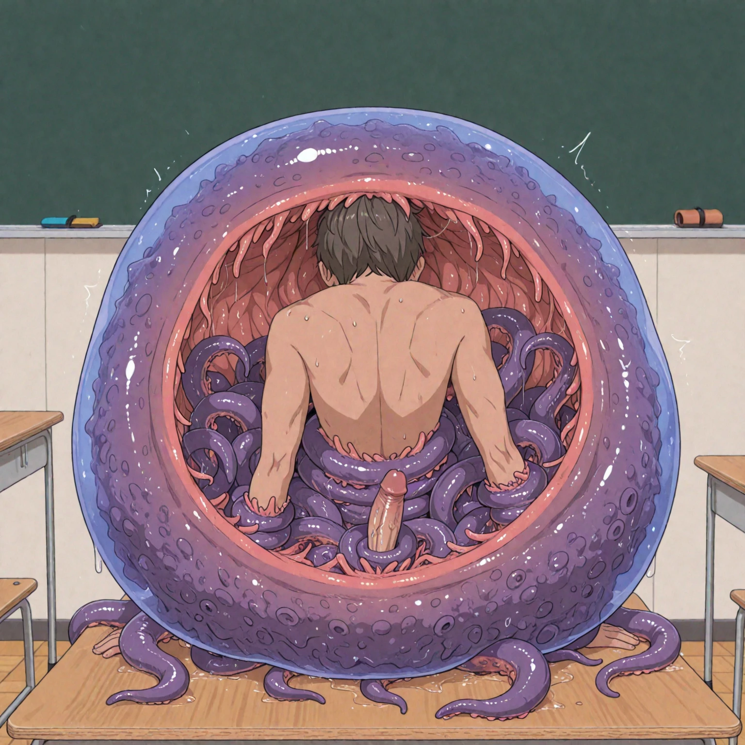 Focus male, monster swallowing, homo, gay, male to male interaction, cross section, tongue licking, orgasm face, forced blowjob, penis, muscle tentacles, four sided tentacles, penis, rape, 27 year old male, short black hair, severely torn He wears a suit, a white shirt and a black tie, semen gushes out of his anus, and a tentacle is inserted into his anus. A large amount of cloudy liquid poured down on his body, and he was restrained by countless tentacles surrounding him.