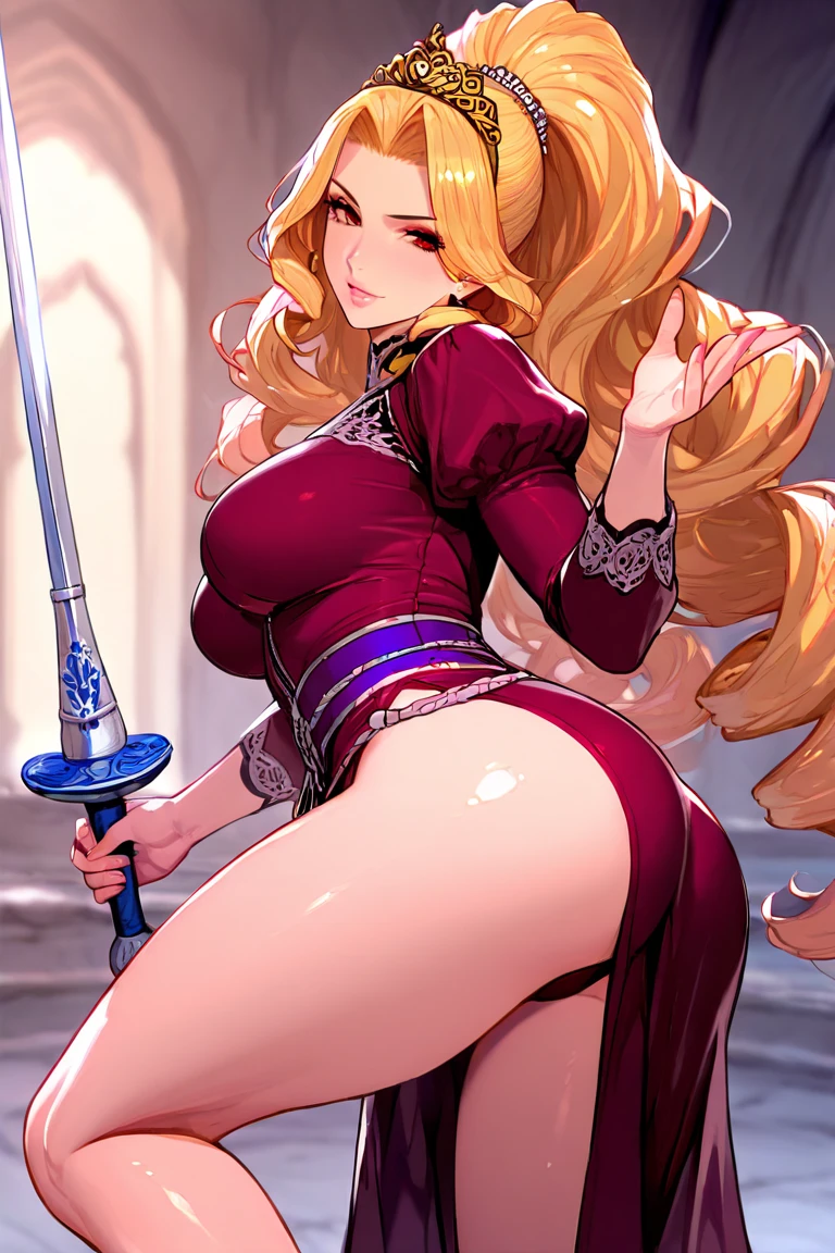 perfect eyes:1.2, detailed eyes:1.4, SoulCaliburSophitia, blue eyes, blonde hair, large breasts, hair ornament, smile, sword, naked, nipples, vagina, long hair, pussy, braided ponytail, 1girl, solo, (masterpiece:1.6, best quality), 8k, insane details, intricate details, hyperdetailed, hyper quality, high detail, ultra detailed, professional, HDR, ray tracing reflection, cinematic lighting,