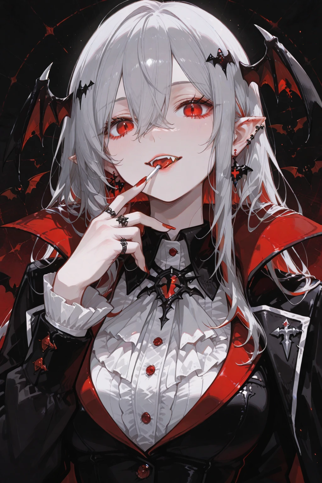 young man, (((male))), (((man))), (((one person))), single, solo, (((white colored hair))), (((red colored eyes))), ((blood red colored eyes)), (medium short hair), (((grey colored skin))), wavy hair, slim figure, ((flat chest)), ((wearing fantasy clothes)), fantasy style, (((wearing flowers in his hair))), ((flowers in hair)), ((pointy ears)), ((spiderlily flowers)), (sunny weather), smiling, black colored flowers, dark red colored flowers, thorns, spikes, warm light, gold colored details, (undead), (happy), (cute face), black colored blood, black blood, black ink splatter, black ink, holding a pocketwatch on a chain, lake in the background, dead trees in the background
