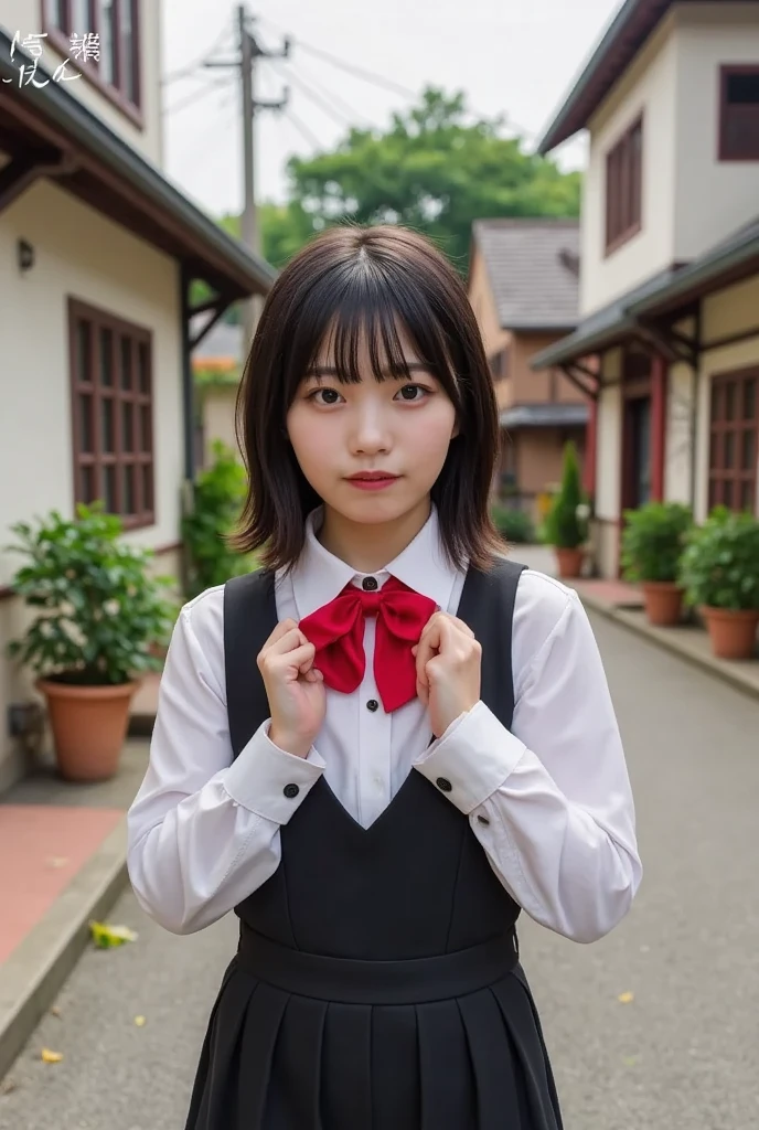 NSFW, ((highest quality)), ((8K)), ((masterpiece:1.3)), (perfect look), (photorealism:1.6), (walking woman), (Festival venue crowded with people), (Alley lined with stalls on both sides), japanese woman, 47 years old, ((Realistic skin texture)), (Fine wrinkles throughout the skin: 1.3), (Dull skin: 1.1), (Skin without moisture: 1.2) , (Wrinkles on the face: 0.9), (Wrinkles on the corners of the eyes: 1.2), Double eyelids, tear bags on the lower eyelids, (Crying moles: 0.9), The eyes are looking here, serious gaze, (Dimples: 1.2), red lips, short bangs, long hair, Long hair with curls at the tips, (hair falls over ears), smiling with the corners of the mouth raised, soft fabric off bowtie blouse, wide sleeves, Cuffs that fit your wrist, flare skirt, barefoot, hair fluttering in the wind, small breasts, (whole body: 1.4), low angle,