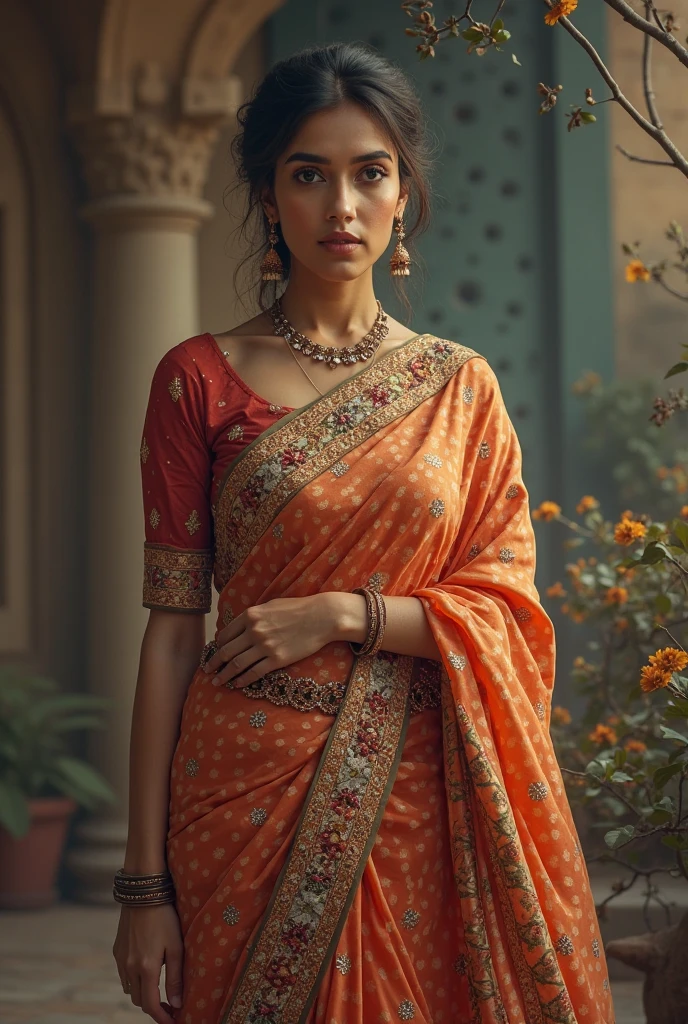 Beautiful Indian saree women with a big house