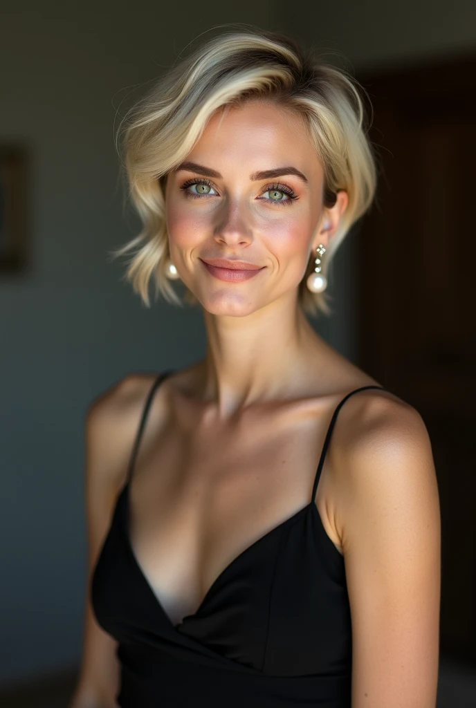 Pretty European girl, short blonde hair, close up photo, busty, cleavage, black background. 